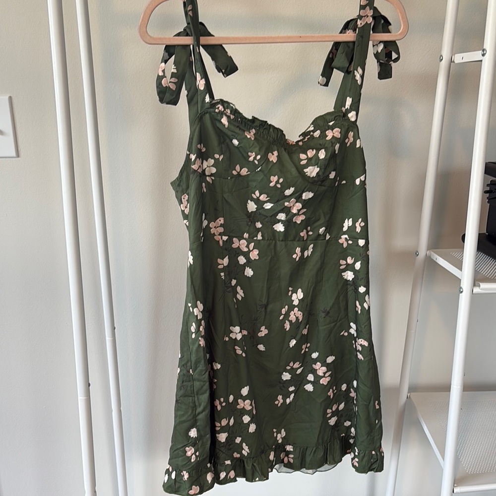 Cider Floral Ruffle Tie-Shoulder Olive Green Mini Dress
